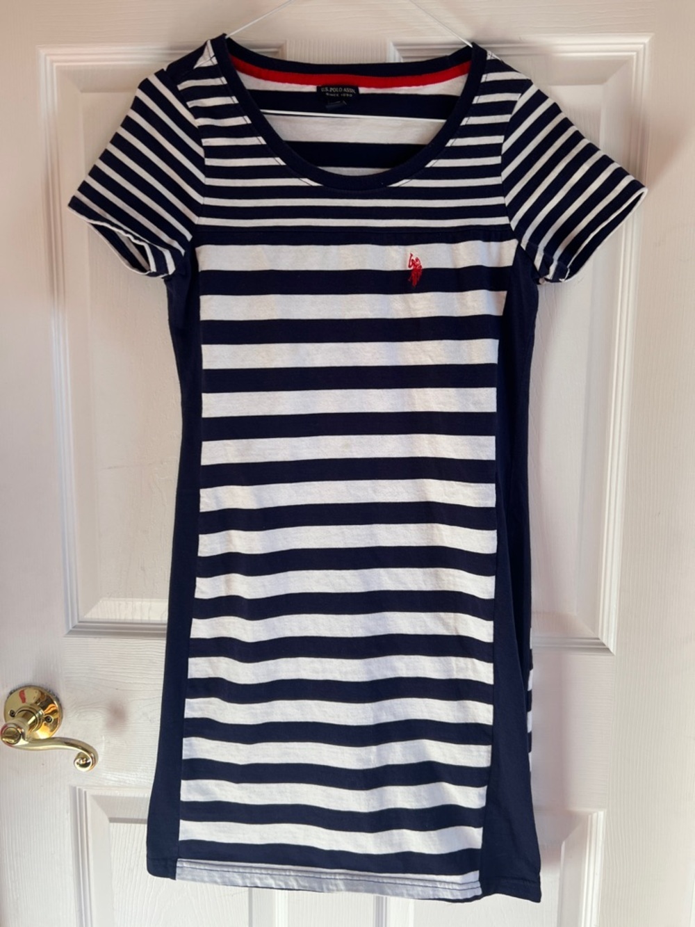U.S. Polo Assn. Navy & White Striped Short Sleeve Dress with Red Logo